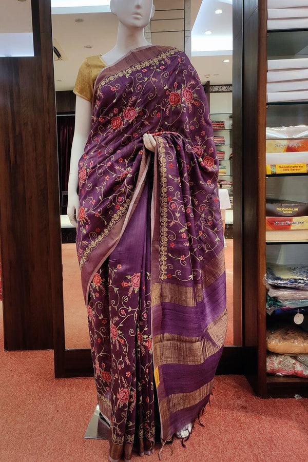 Embroidered Tussar Silk Saree in Purple