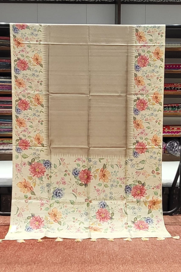 Tussar Silk Saree With Floral Printed Pallu and Border