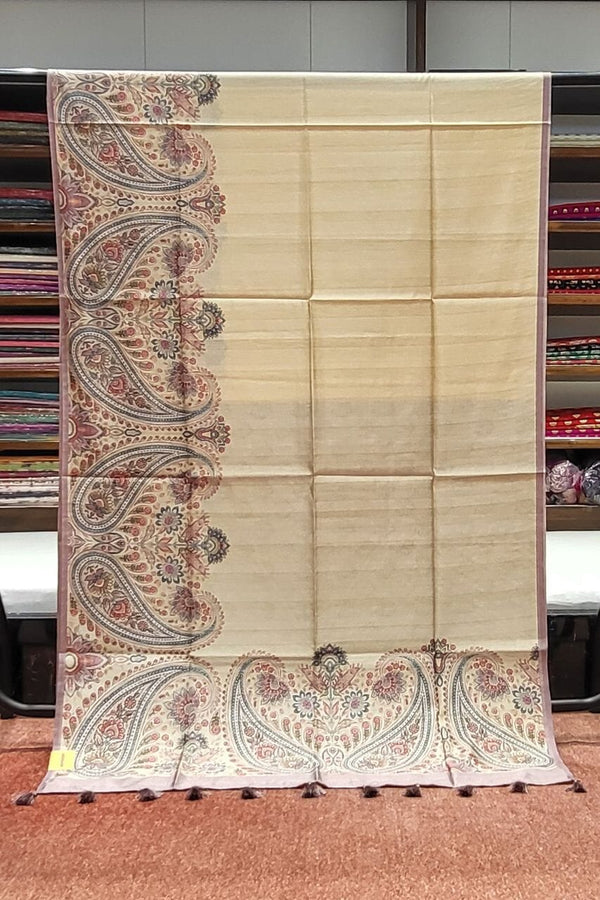 Plain Tussar Silk Saree With Printed Blouse Piece