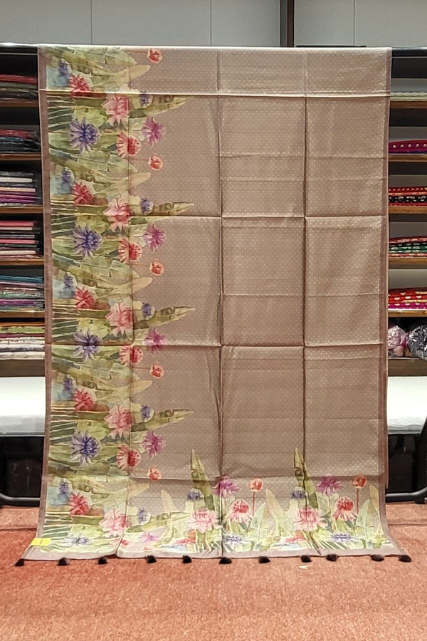 Plain Tussar Silk Saree with Beautiful Floral Printed Border