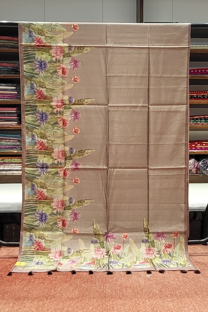 Plain Tussar Silk Saree with Beautiful Floral Printed Border