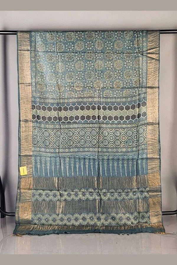 Ajrakh Printed Tussar Silk Saree