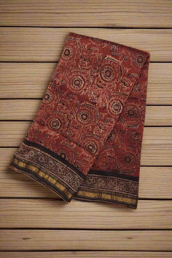 Ajrakh Printed Saree In Chanderi Cotton- Rust Colour