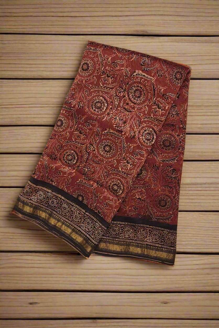 Ajrakh Printed Saree In Chanderi Cotton- Rust Colour