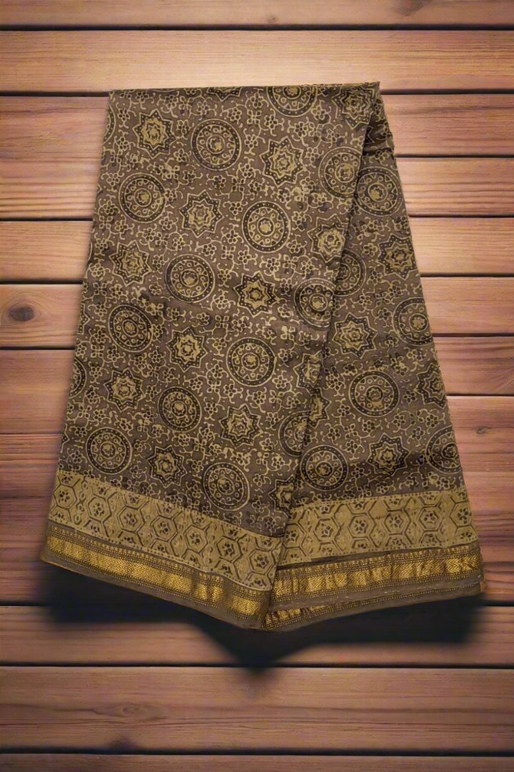 Ajrakh Printed Saree on Chanderi Cotton- Grey