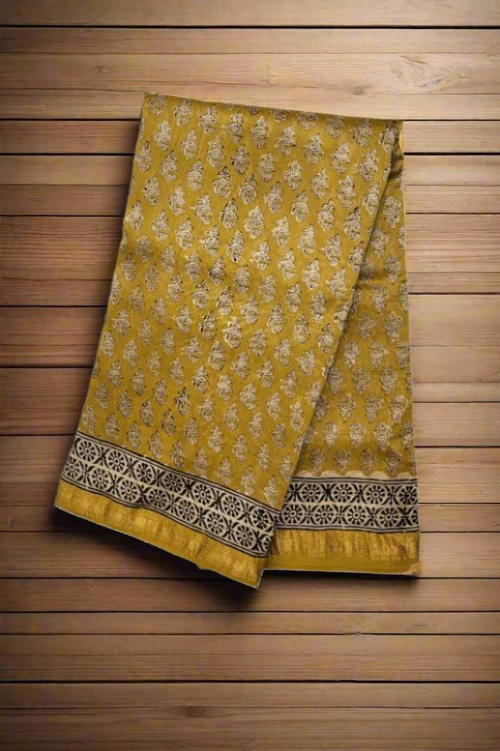 Ajrakh Printed Saree In Chanderi Cotton in Yellow Colour