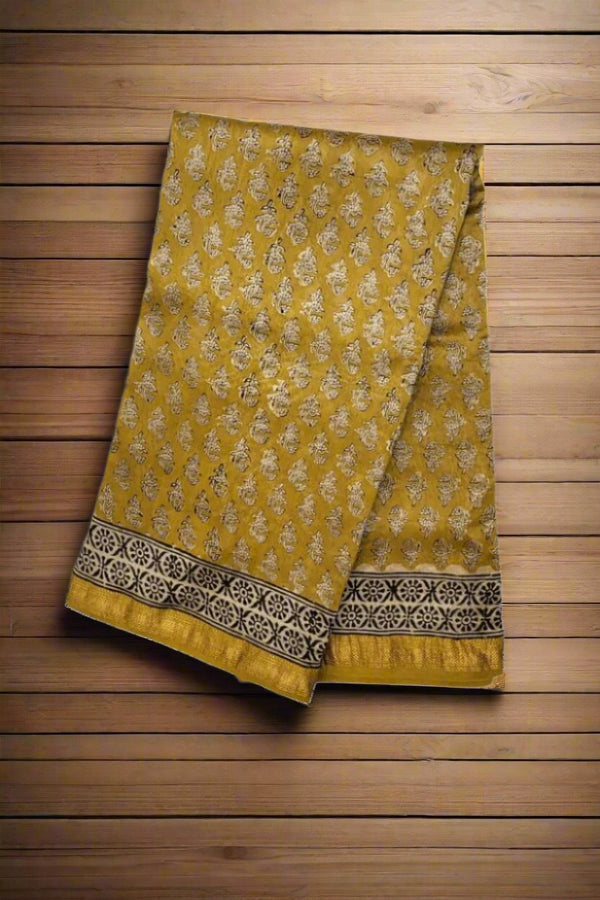 Ajrakh Printed Saree In Chanderi Cotton in Yellow Colour