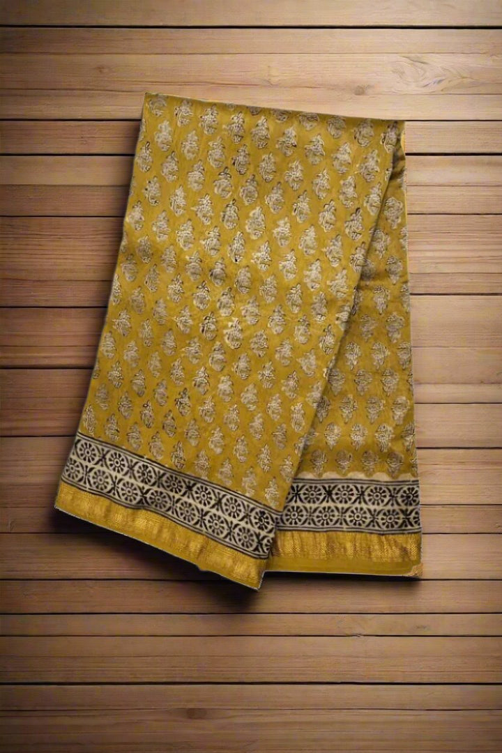Ajrakh Printed Saree In Chanderi Cotton in Yellow Colour
