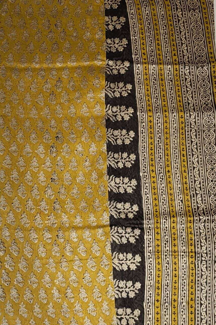Ajrakh Printed Saree In Chanderi Cotton- Yellow Colour