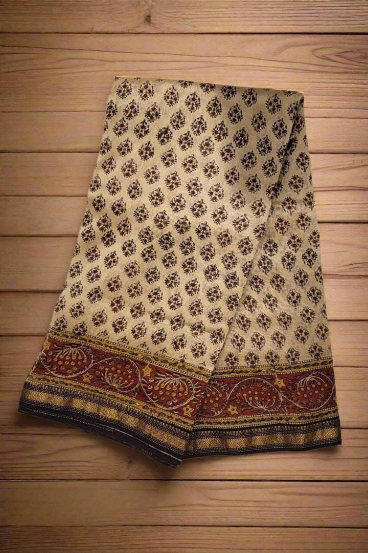 Bagru Printed Saree in Chanderi Cotton- Beige Colour