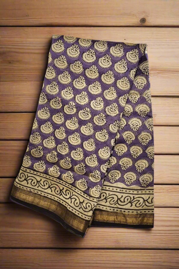 Bagru Printed Saree In Chanderi Cotton- Purple Colour