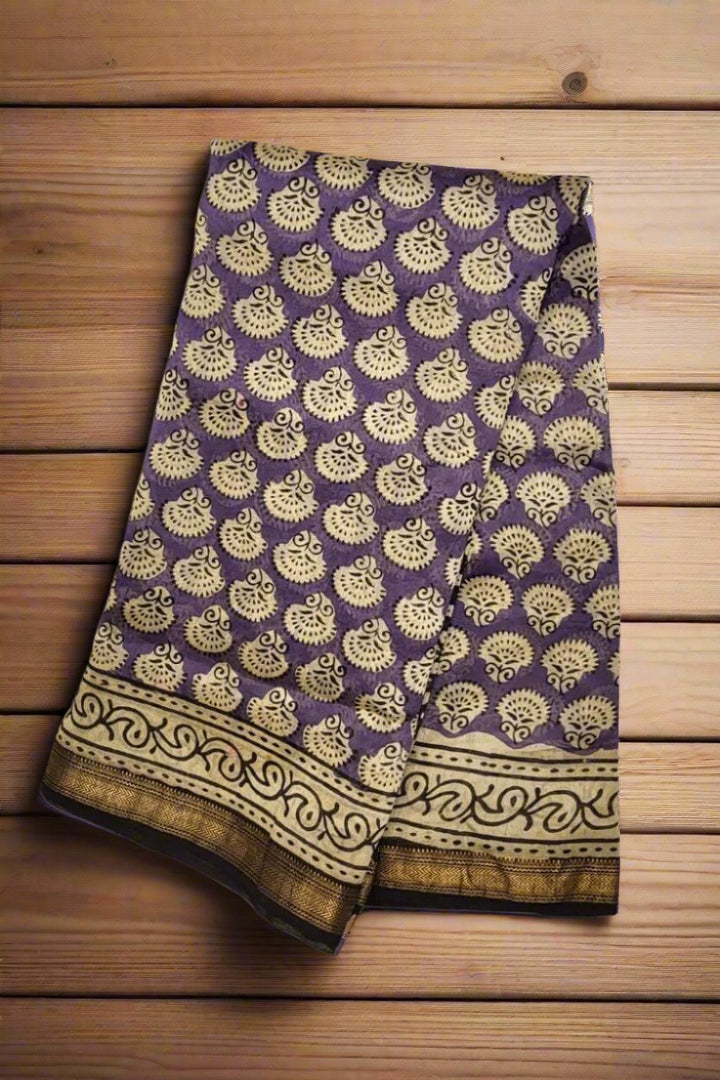 Bagru Printed Saree In Chanderi Cotton- Purple Colour