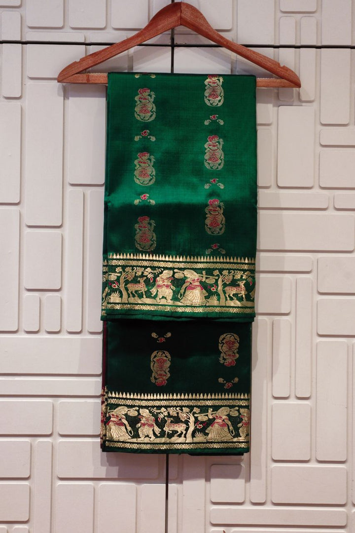 Baluchari Saree In Dark Green Color