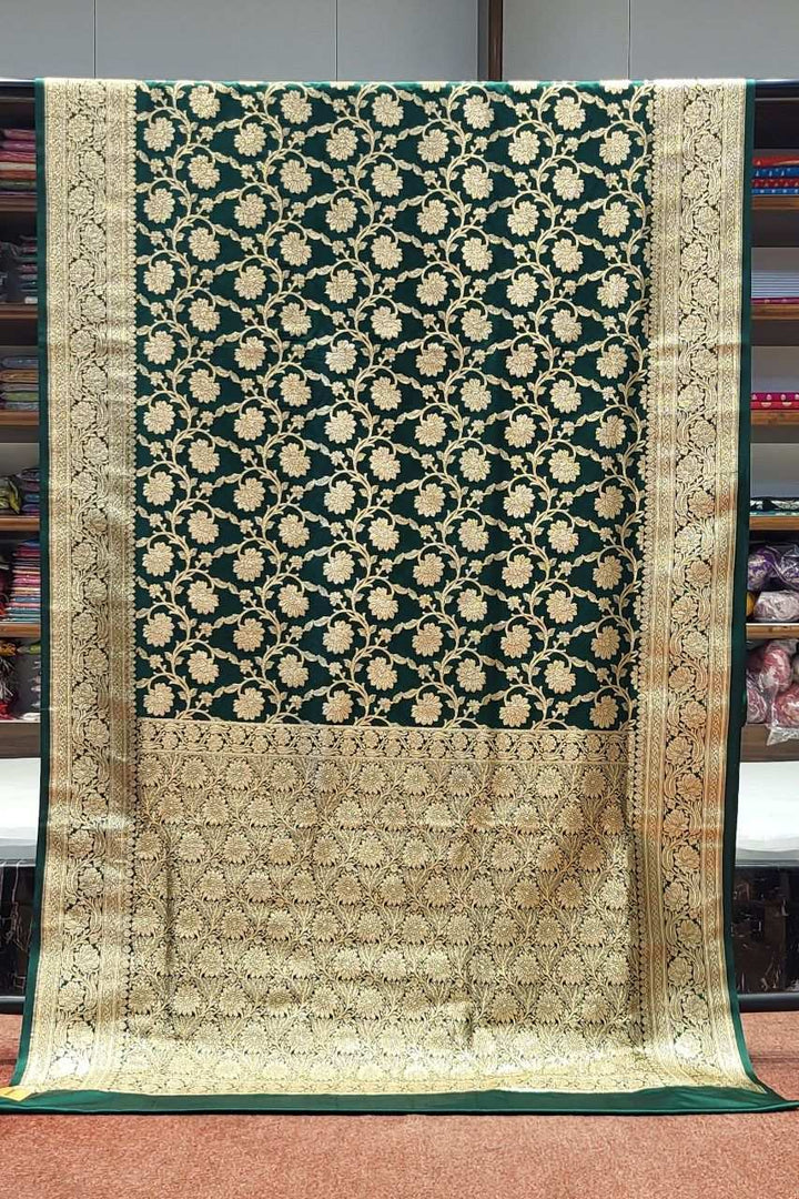 Bridal Banarasi Silk Saree In Green- Jaal Work