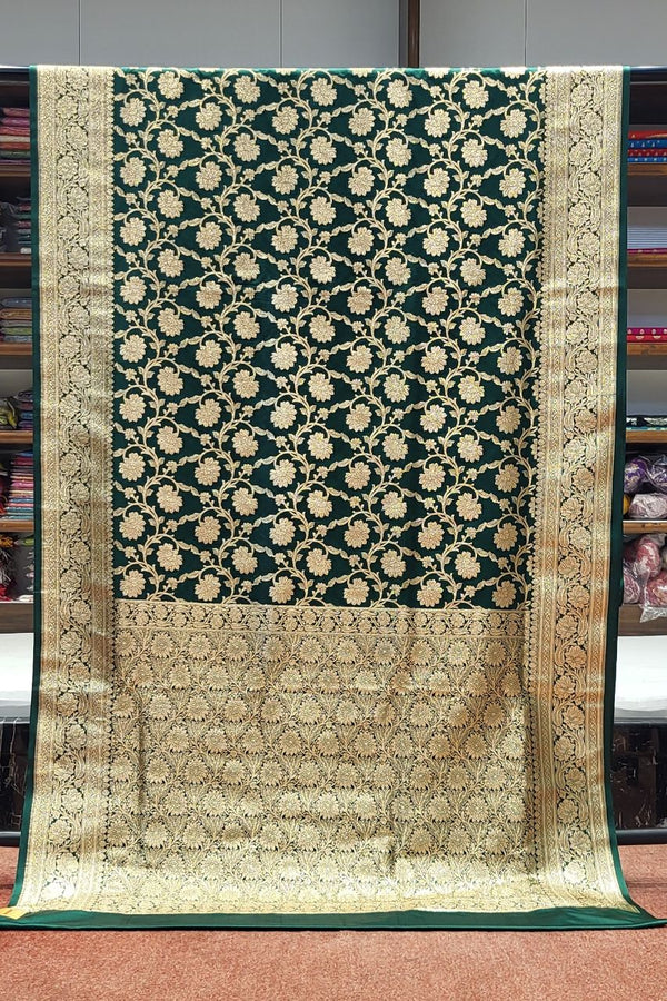 Bridal Banarasi Silk Saree In Green- Jaal Work
