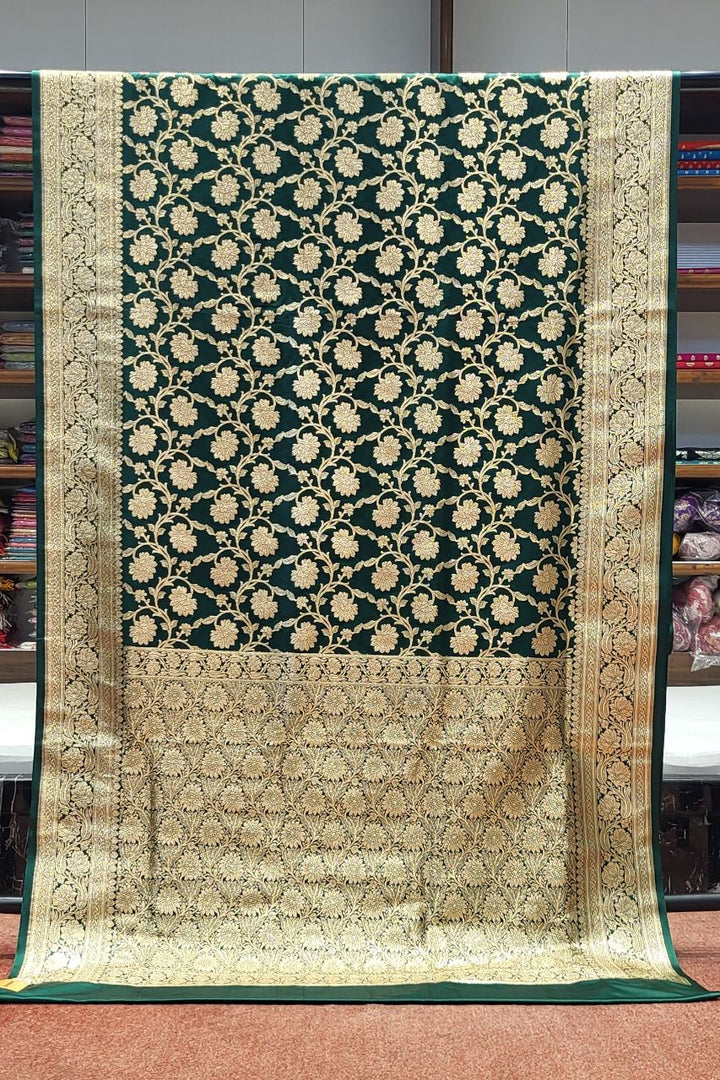Bridal Banarasi Silk Saree In Green- Jaal Work