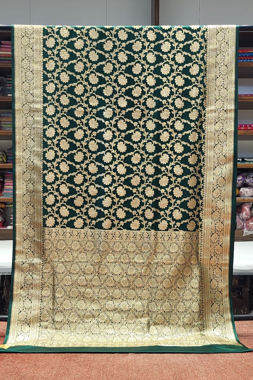 Bridal Banarasi Silk Saree In Green- Jaal Work