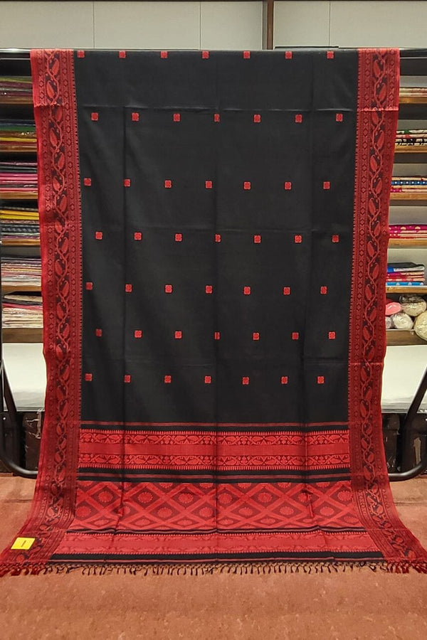 Bengal Handloom Cotton Saree In Black and Red