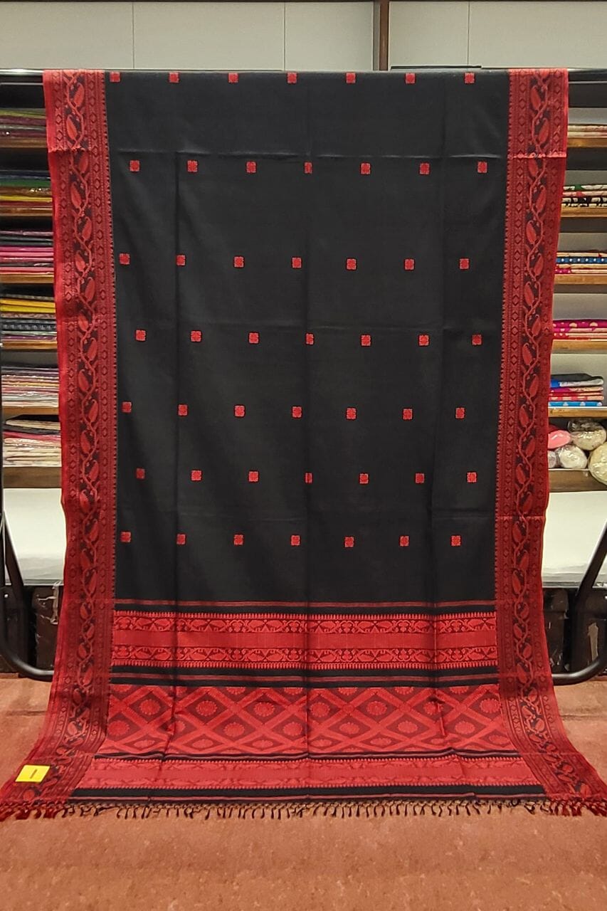 Bengal Handloom Cotton Saree In Black and Red