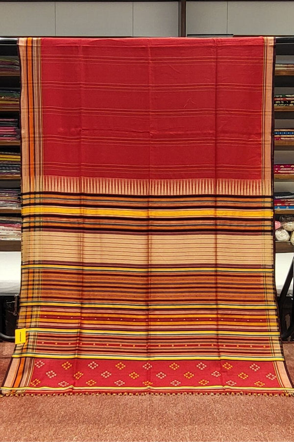 Handloom Cotton Plain Saree In Red Colour