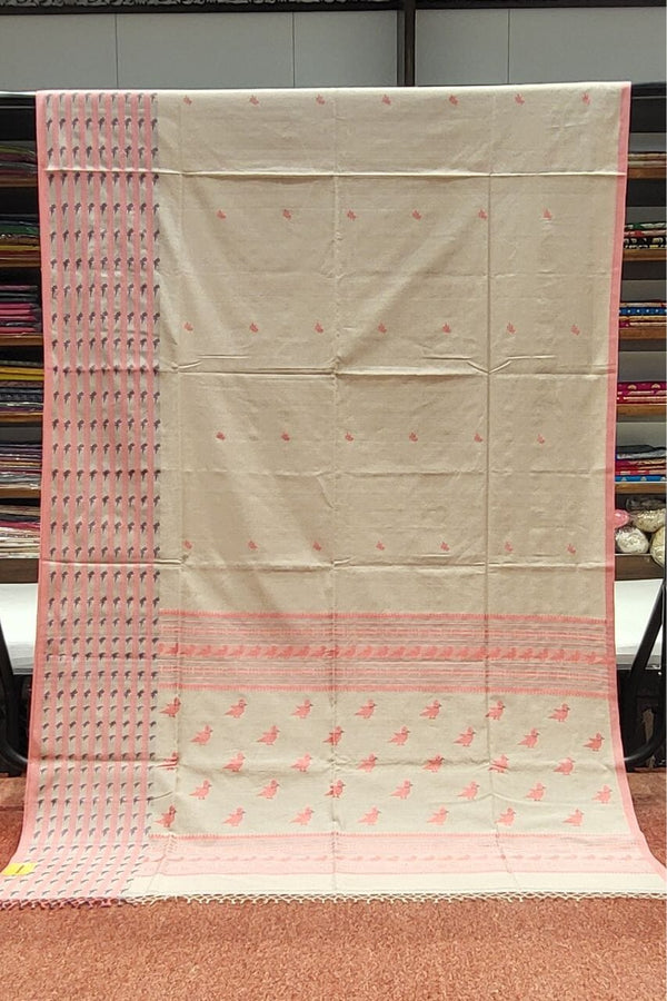 White Handloom Cotton Saree With Bird Motif on Pallu
