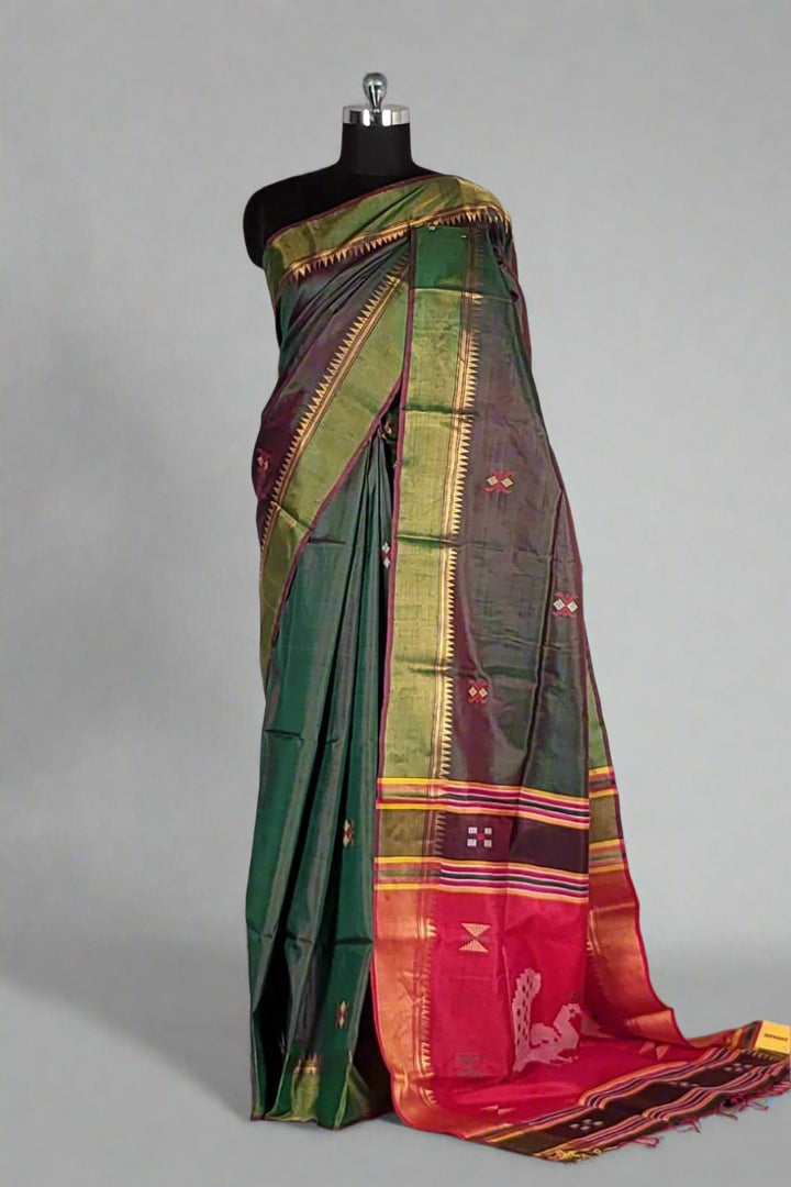 Bishnupur Katan Silk Saree- Green with Red Pallu