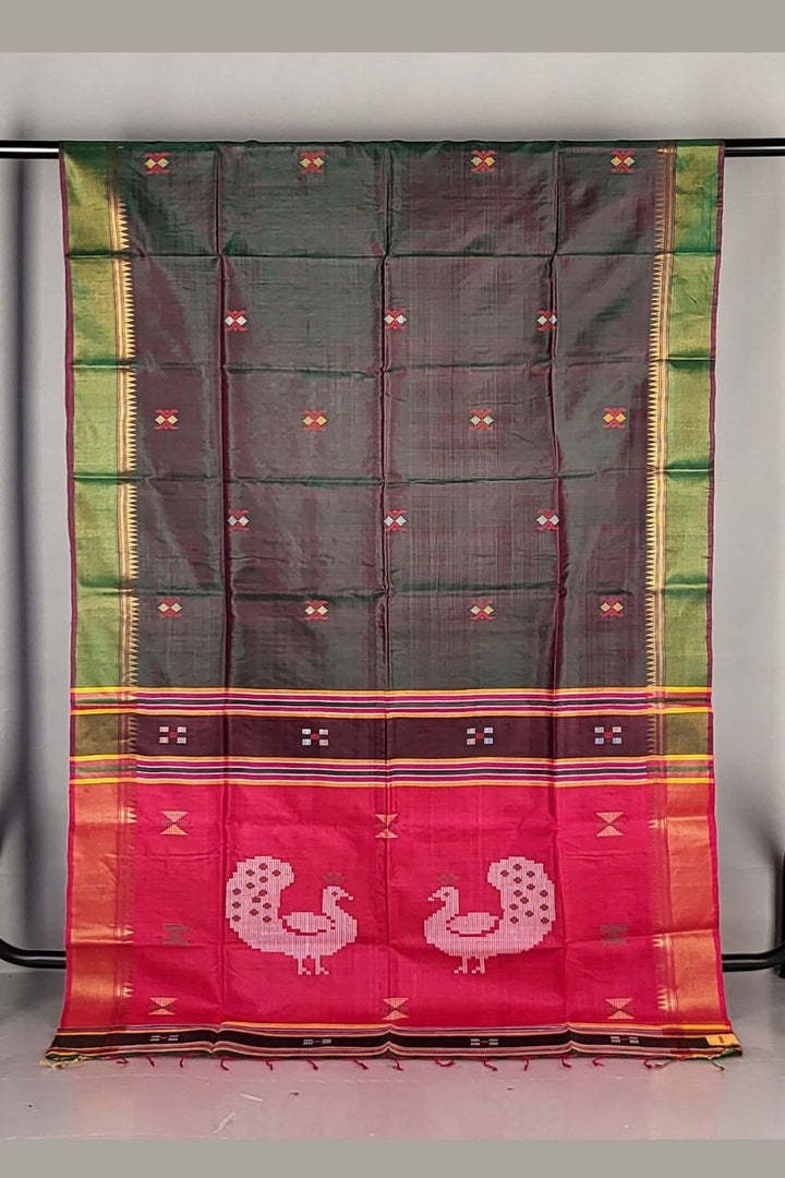 Bishnupur Katan Silk Saree- Green with Red Pallu