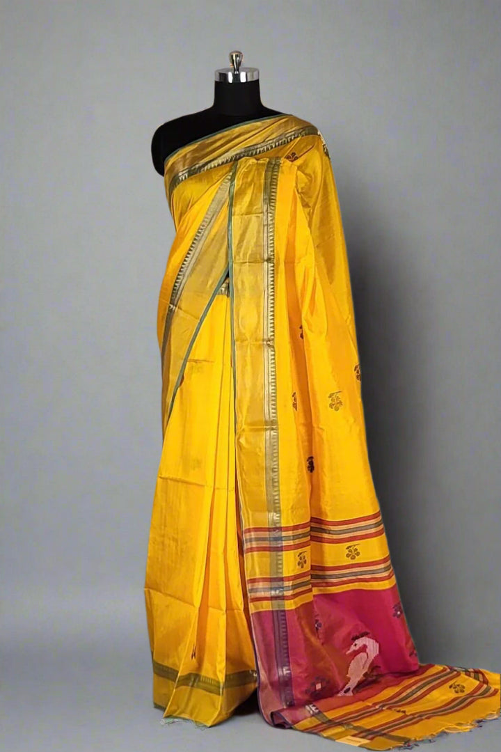Biswa Bangla Bishnupuri Katan Silk Saree- Yellow Colour
