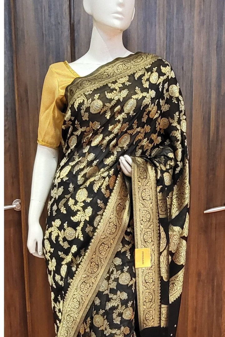 Georgette Saree on Black with Golden Zari Woven