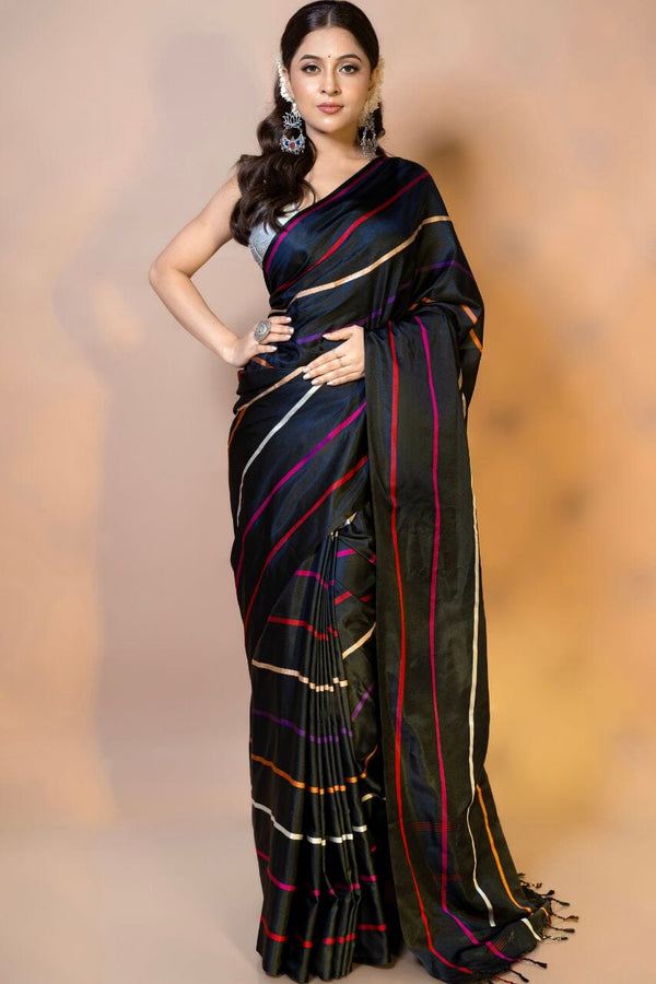 Stripe Kanjivaram Silk Saree in Black Colour