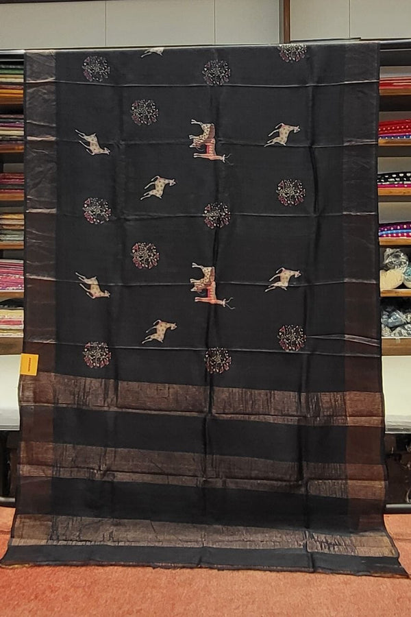 Pure Tussar Silk Saree In Black- Animal Motif