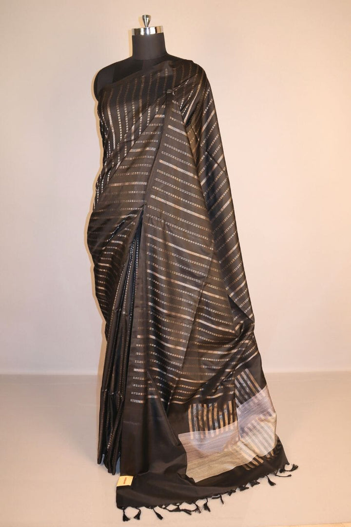 Black Silk Saree with Striped Work