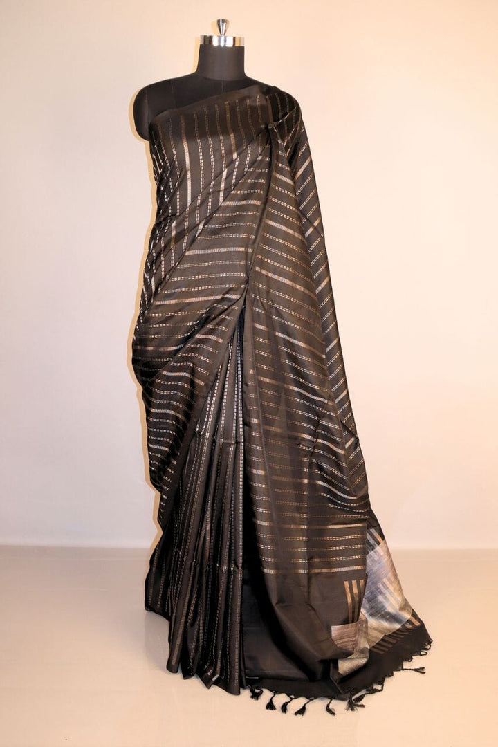 Black Silk Saree with Striped Work