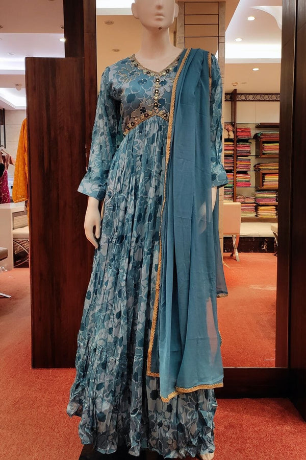 Blue Gown With Self Floral Printed