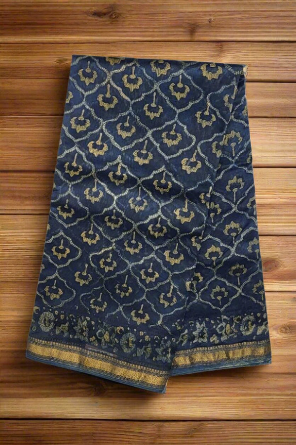 Ajrakh Printed Saree Chanderi Silk in Blue Colour
