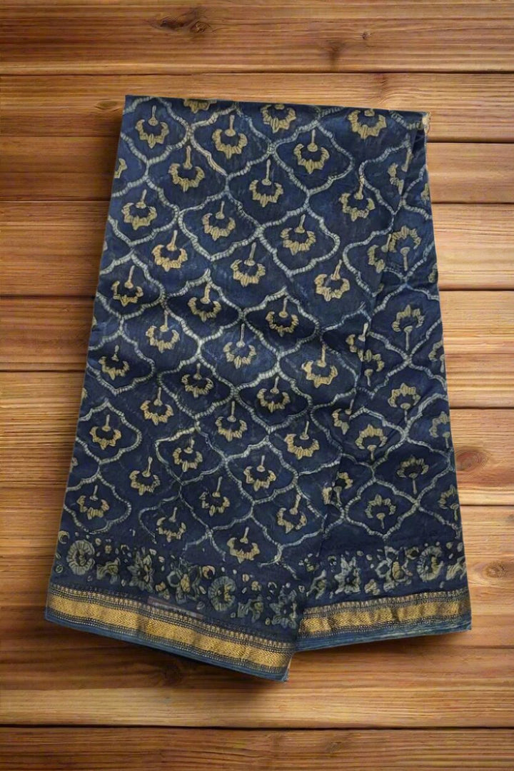 Ajrakh Printed Saree Chanderi Silk in Blue Colour