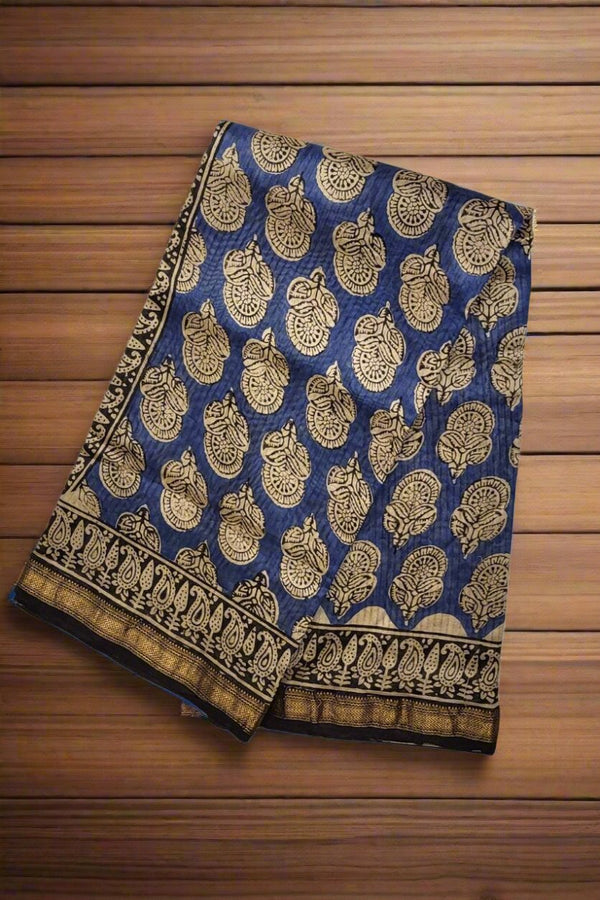 Cotton Saree With Bagru Print Blue Chanderi