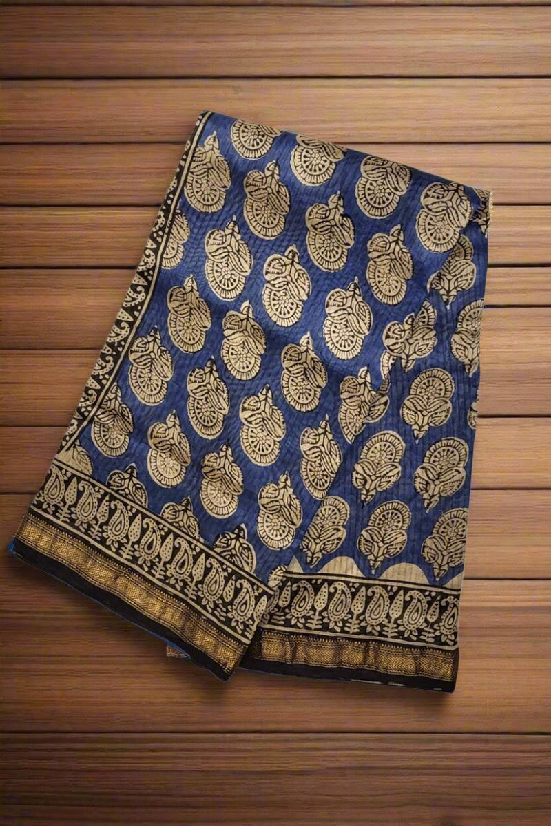 Cotton Saree With Bagru Print Blue Chanderi
