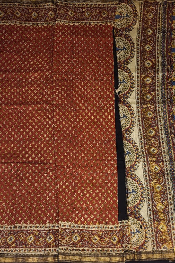 Bagru Printed Chanderi Cotton Saree- Rust Colour