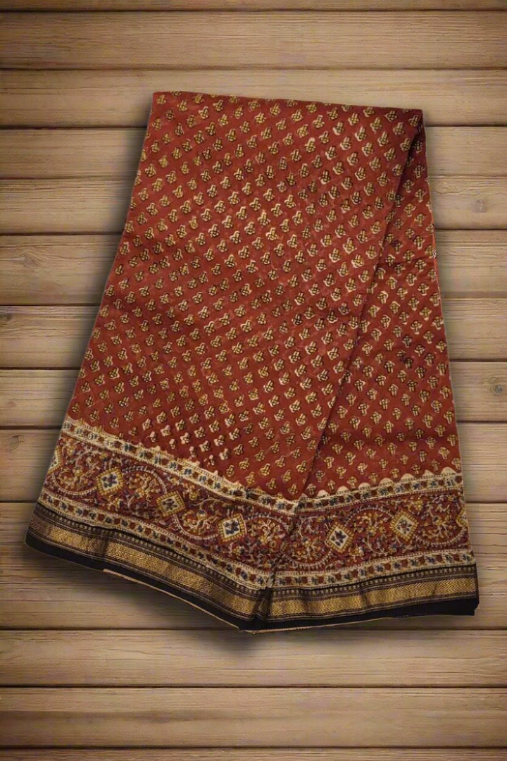 Bagru Printed Chanderi Cotton Saree- Rust Colour