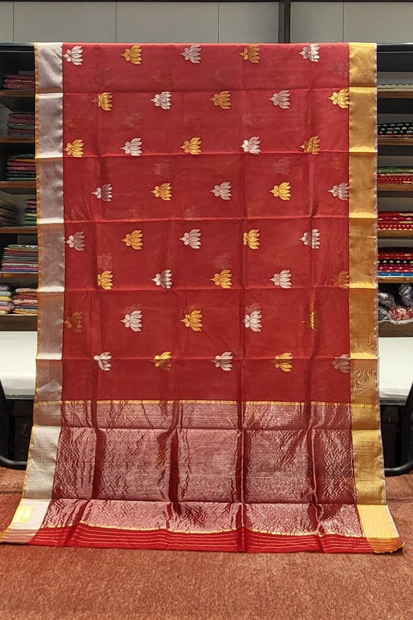Chanderi Silk Saree In Red with Lotus Motif