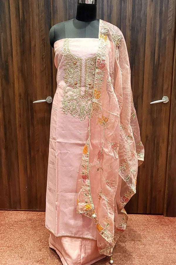 Chanderi Silk Suit Piece In Peach Color