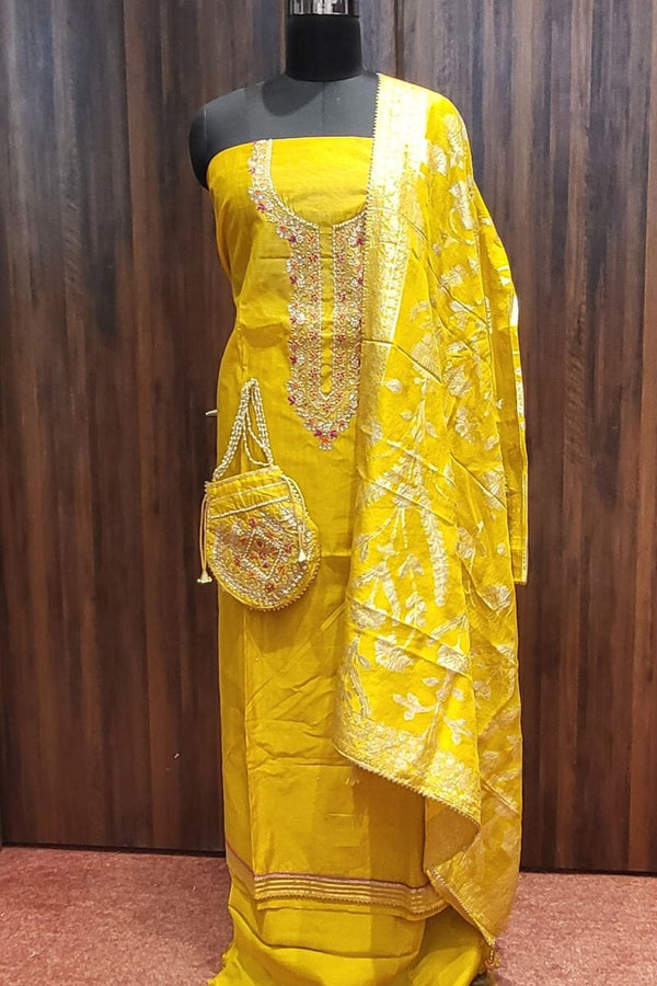 Chanderi Silk Suit Piece in Yellow Color