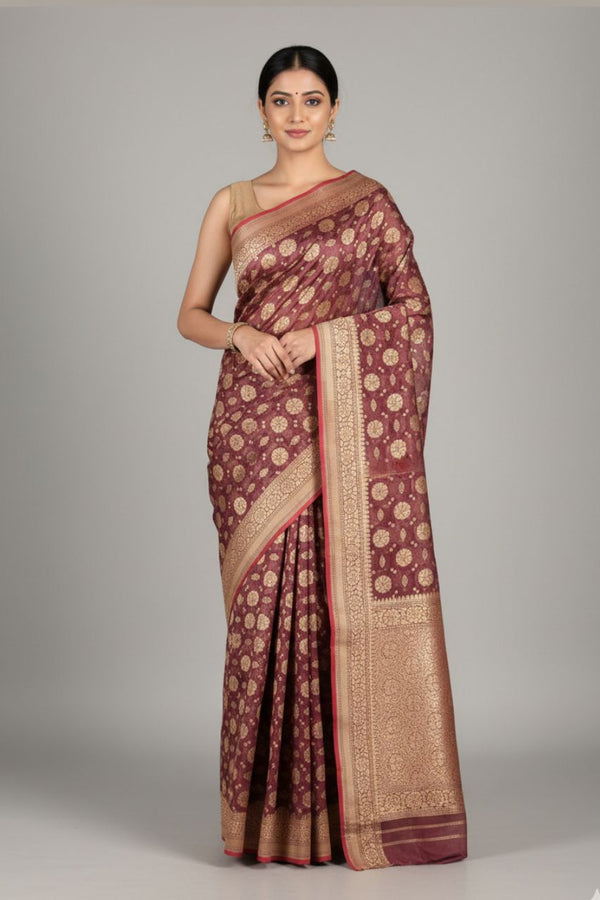 Chanderi Silk Saree with Resham Booti- Brown Colour