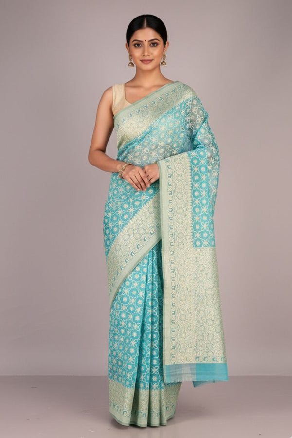 Chanderi Silk Saree with Resham Woven- Sea Green
