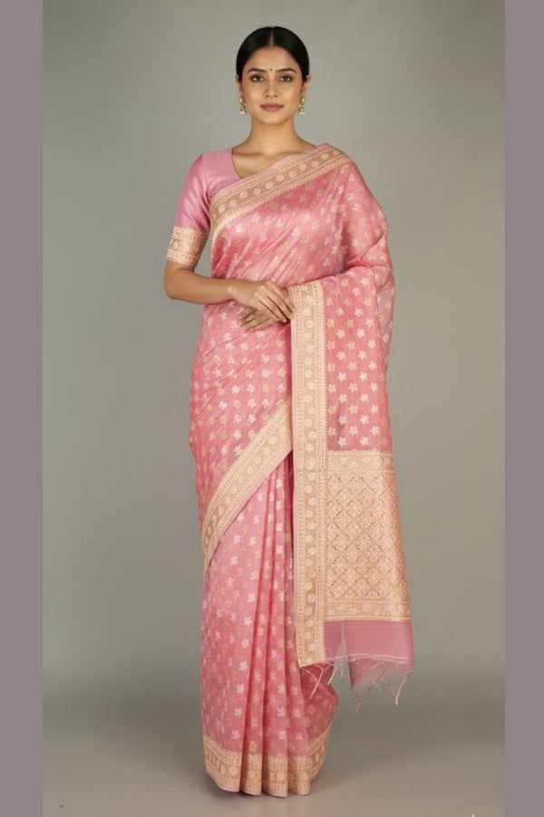 Chanderi Saree With Zari Booti Woven- Light Pink