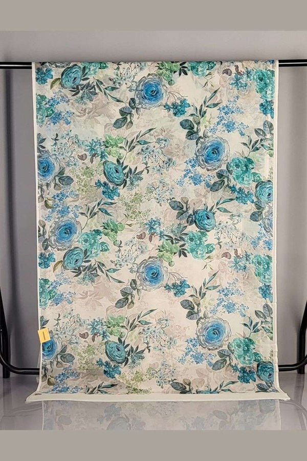 White Chiffon Saree with Blue Floral Motif