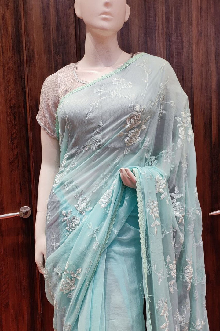 Chiffon Saree In Sky Blue