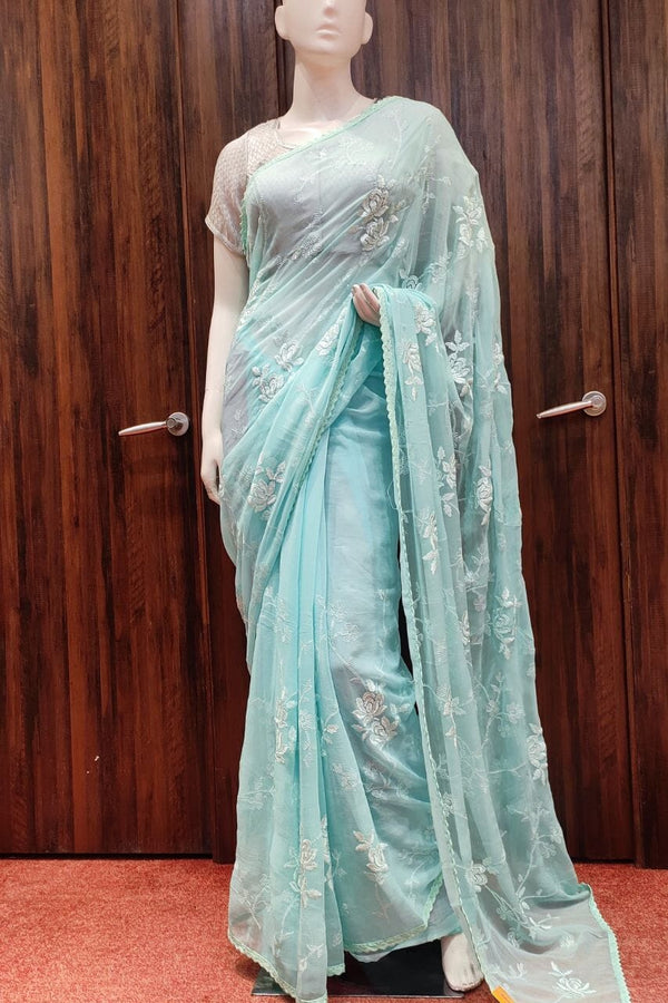 Chiffon Saree In Sky Blue Color