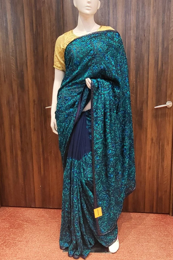 Pure Chikankari Saree In Navy Blue Color For Eid